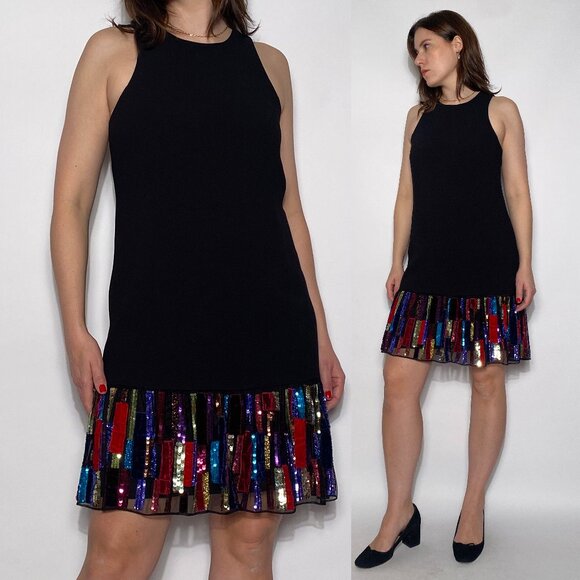 TRINA TURK Black Racerback Dress with MIXED Media Velvet & Sequin Hem! M-L NWT - Picture 1 of 8